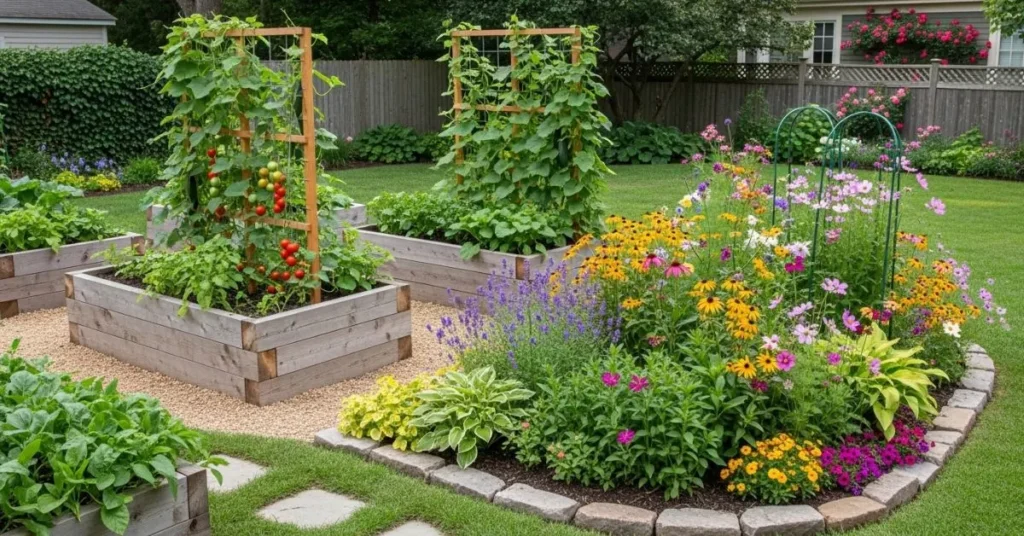 Flower garden with marigolds, sunflowers, zinnias, and mixed perennials.