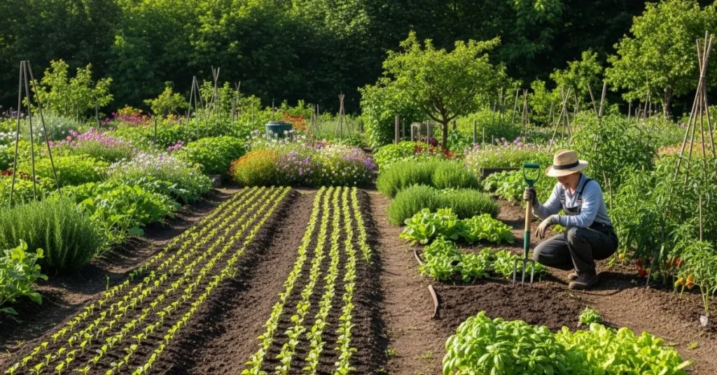Outdoor garden with planted seeds and young seedlings growing under sunlight, showing vegetables, flowers, and herbs.