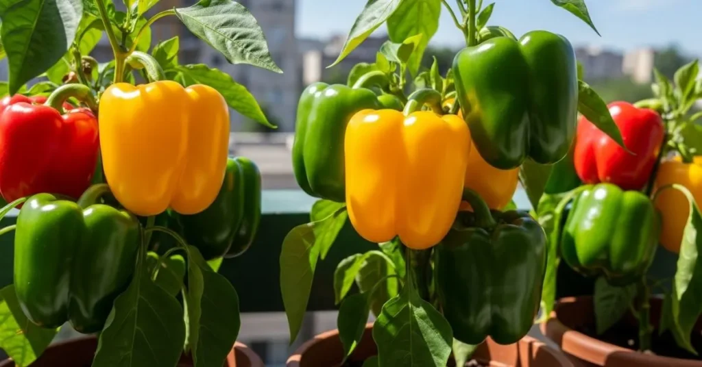 Red, yellow, and green peppers growing in balcony containers.