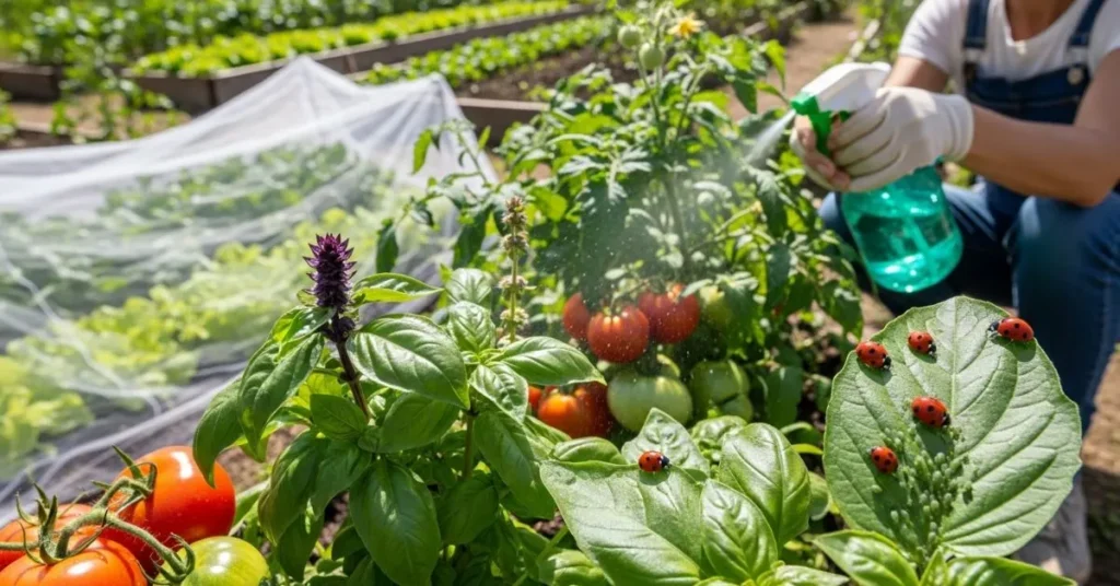 Natural pest control in a garden with basil companion planting, neem oil spray, nets, and ladybugs.