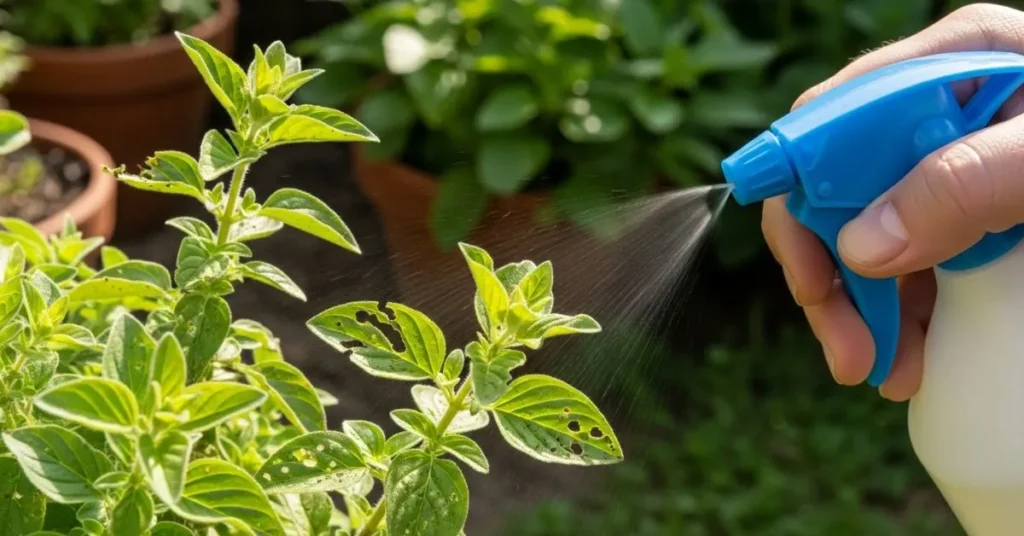 Gardener spraying neem oil on oregano plants to control pests and diseases.