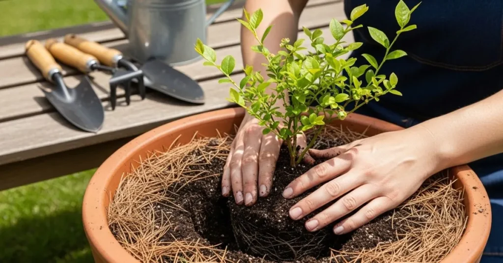 Planting a blueberry bush in a container with acidic soil mix and mulching with pine needles.