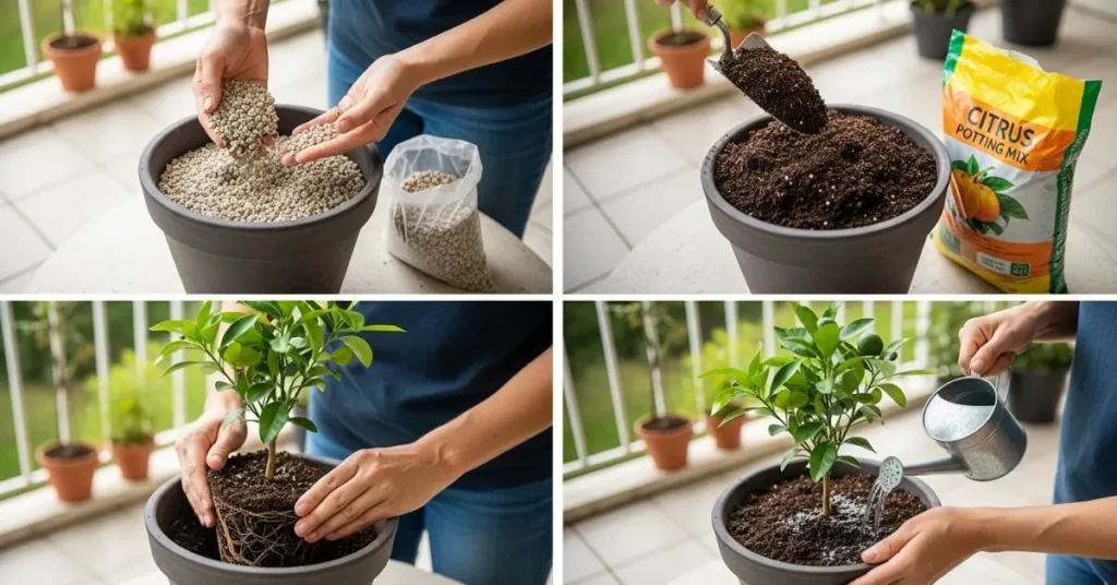Gardener planting a young citrus tree in a pot using soil mix and watering for home gardening.
