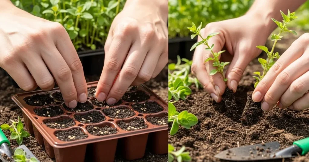 Gardener planting oregano seeds and cuttings in soil under bright sunlight.