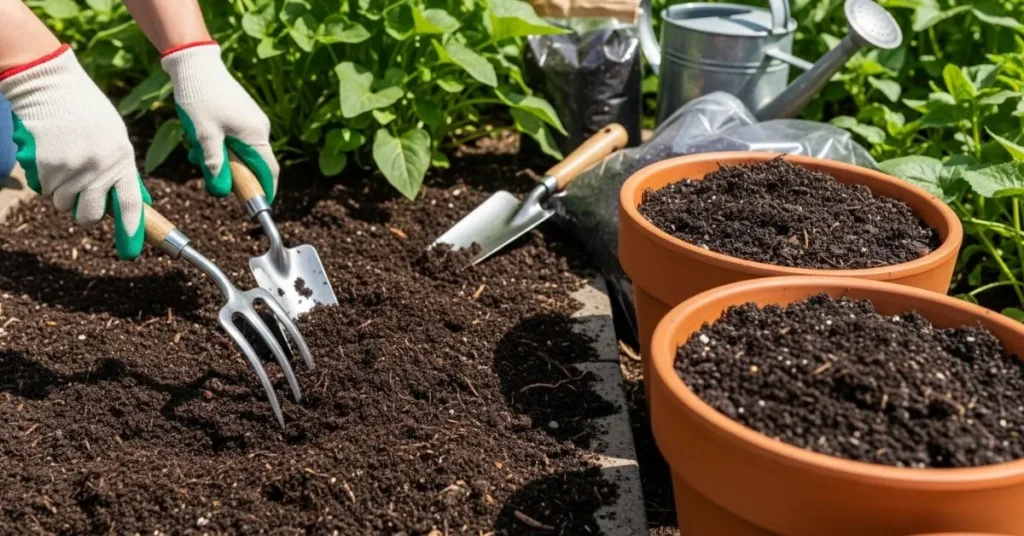 Gardener mixing compost and preparing soil in garden beds and containers for planting eggplants.
