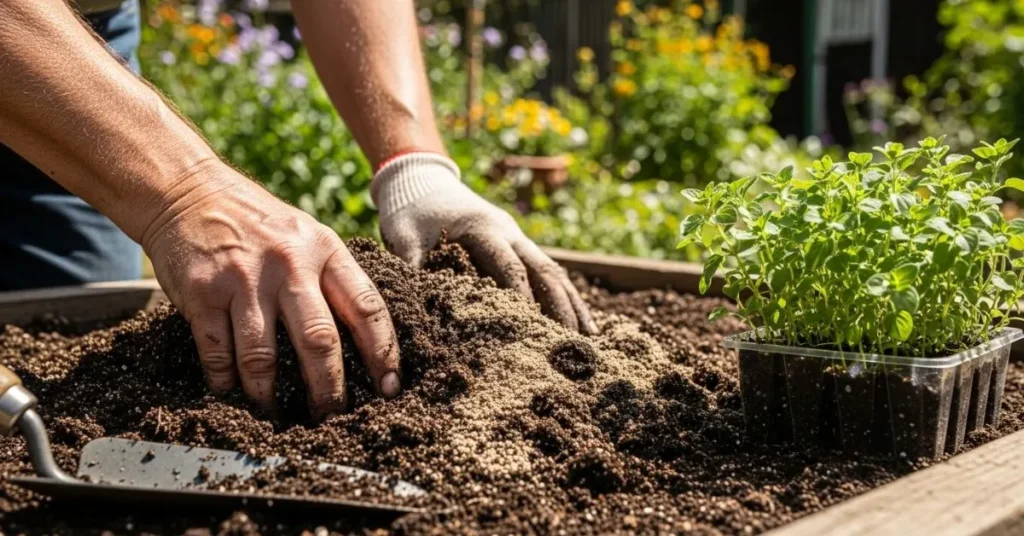 Gardener preparing sandy, well-drained soil with compost for planting oregano in sunlight.