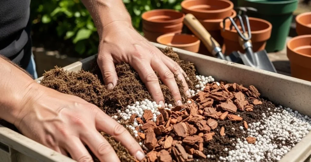 Preparing acidic soil mix with peat moss, pine bark, and perlite for growing blueberries in pots.