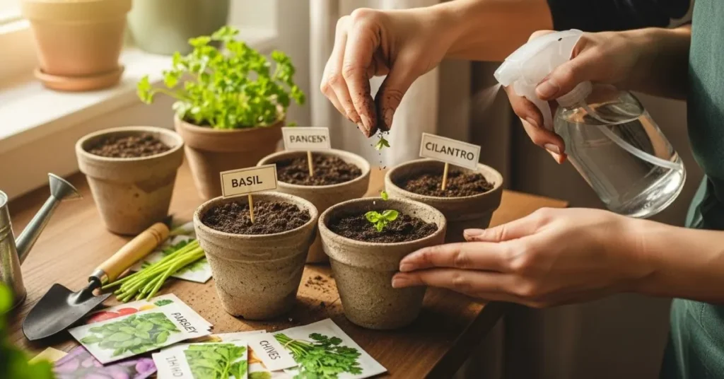 Person planting basil and parsley seeds in small terracotta pots and misting soil for home herb gardening.