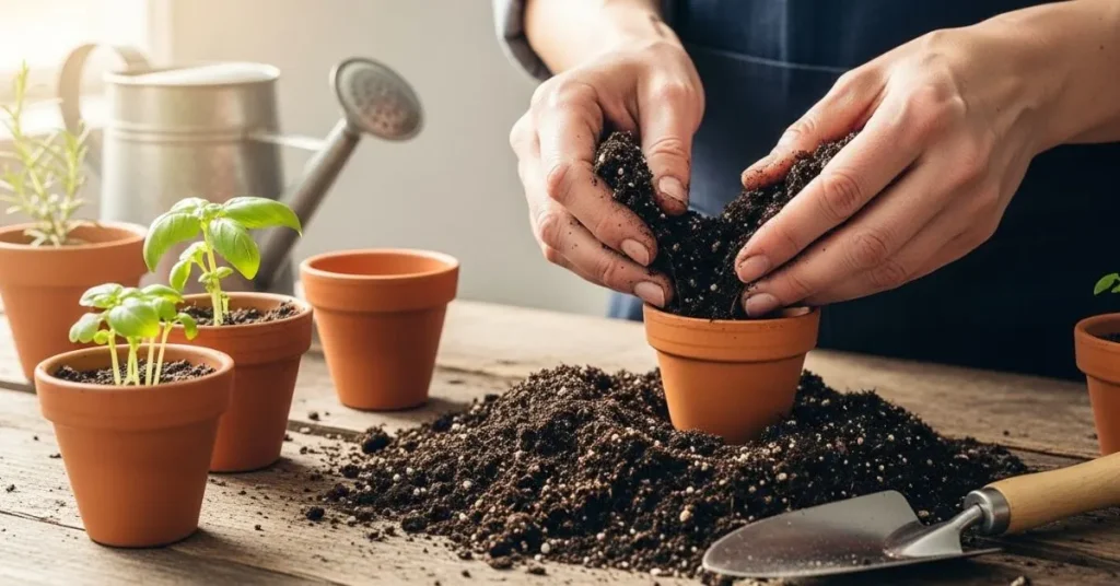 Gardener preparing terracotta pots with organic soil mix and compost for planting herb seeds at home.