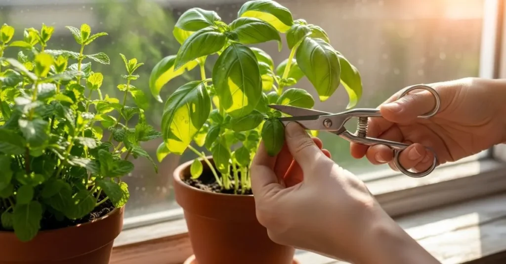 Gardener pruning basil and mint plants with scissors on a sunny windowsill to promote healthy herb growth and continuous harvest.