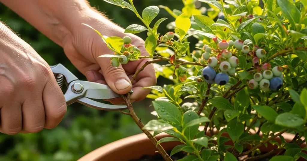 Pruning a potted blueberry plant to remove old stems and improve growth.