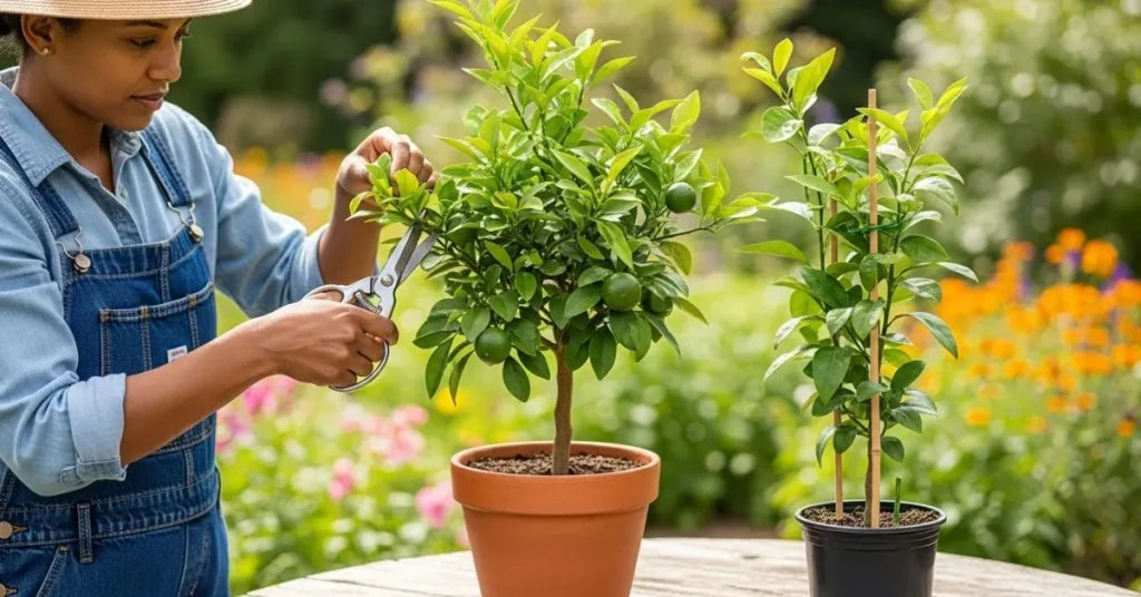 Gardener pruning and shaping a potted citrus tree with garden shears for healthy growth.