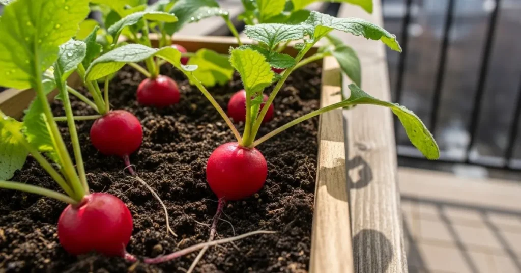 Fresh radishes with green leaves growing in a shallow container.