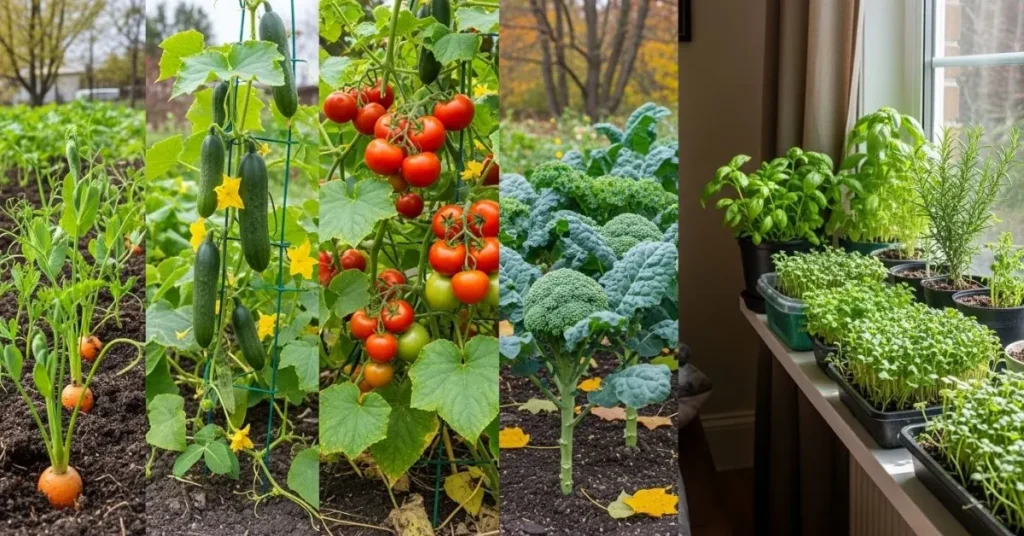Seasonal gardening with spring vegetables, summer crops, fall greens, and winter indoor herbs.