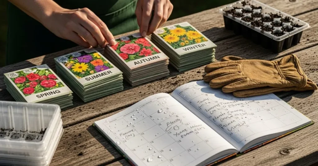 Gardener arranging seasonal seed packets for spring, summer, autumn, and winter on a wooden table under natural sunlight.