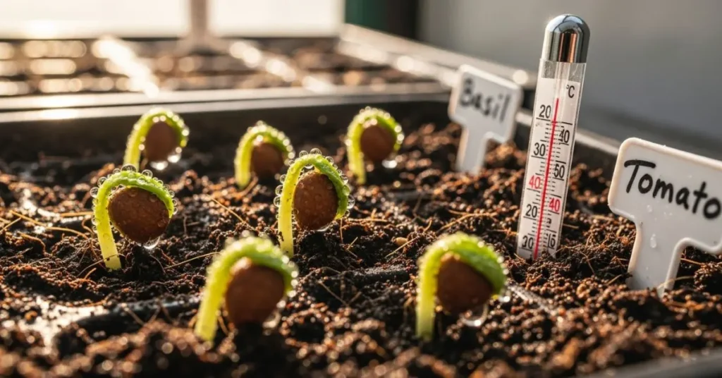 Close-up view of seeds germinating in moist soil under sunlight, showing the basics of seed planting.