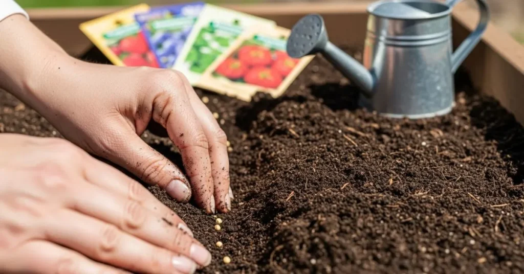 Hands planting seeds in rich soil with seed packets and watering can.