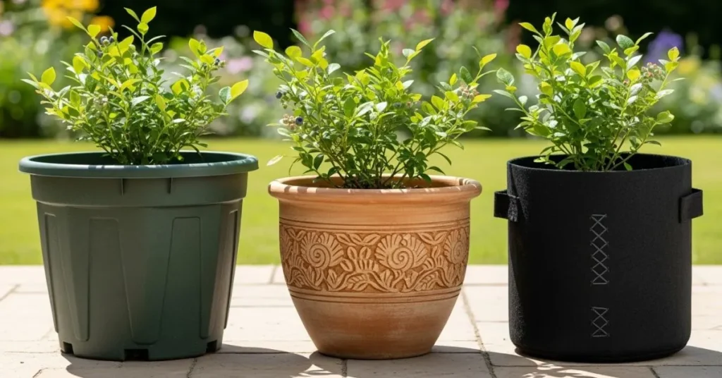 Different container options for growing blueberries, including a plastic pot, a ceramic terracotta pot, and a fabric grow bag.