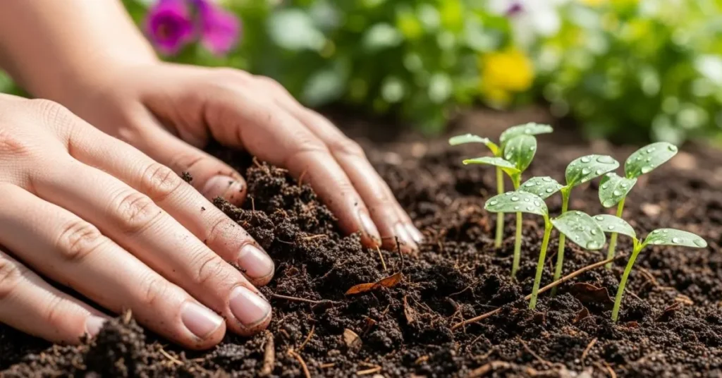 Close-up of healthy garden soil with compost and seedlings sprouting.