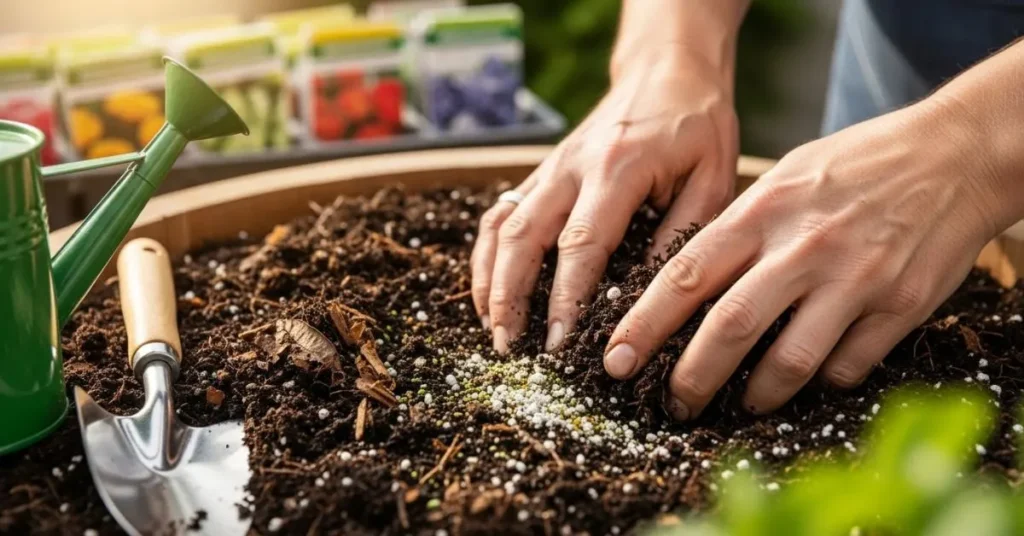 Gardener preparing rich compost soil with tools and organic fertilizer for healthy seed growth in a home garden.