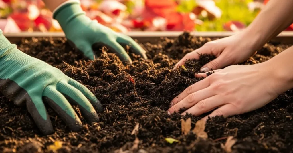Preparing garden soil with compost for planting garlic in fall.