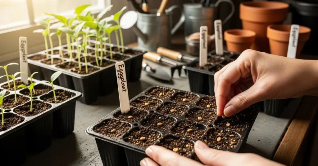 Gardener starting eggplant seeds indoors in seed trays with young seedlings sprouting.