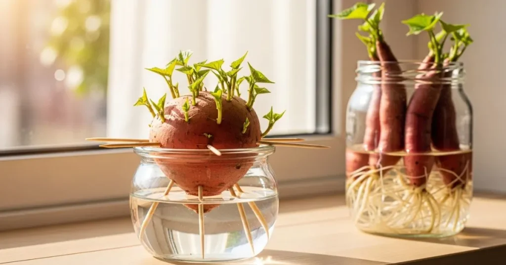 Sweet potato half sprouting slips in a glass jar of water on a sunny windowsill, showing the first step in growing sweet potatoes indoors.