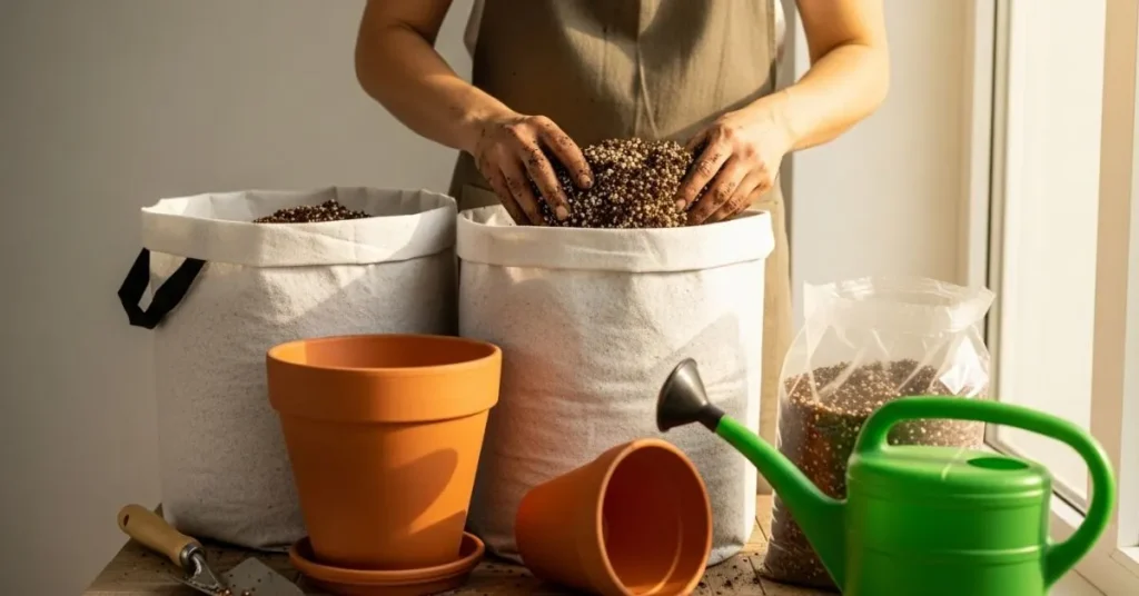 Preparing containers with light, loose soil mix for growing sweet potatoes indoors using compost, coco coir, and perlite in fabric grow bags.