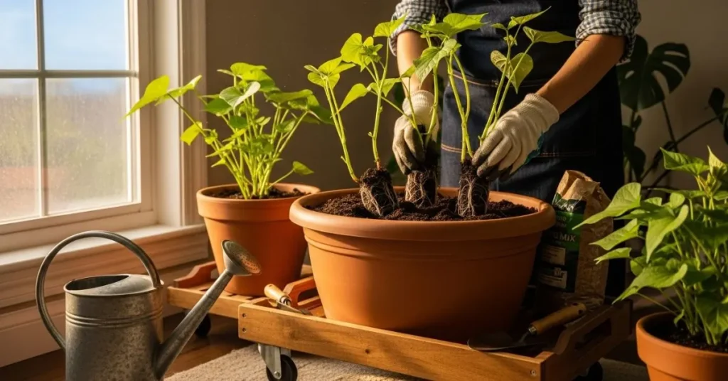 Gardener planting rooted sweet potato slips in indoor containers near a sunny window for optimal growth.