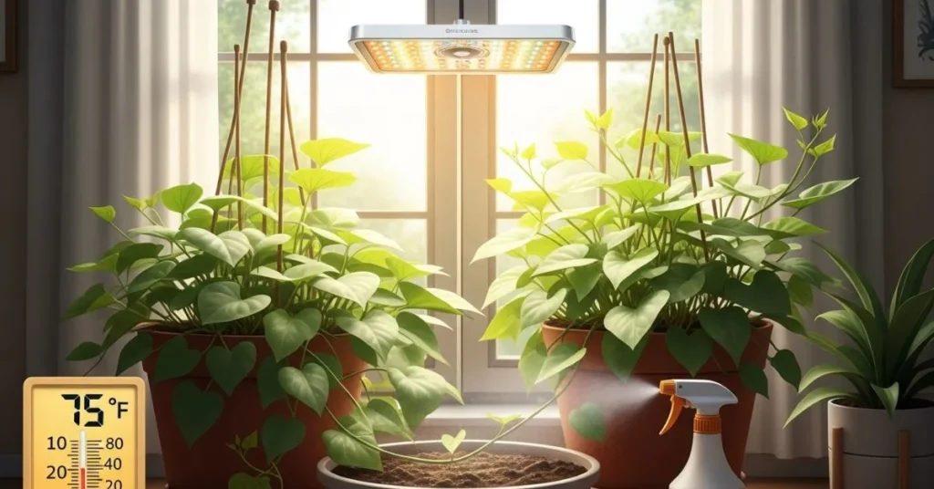 Indoor sweet potato plants growing under warm light near a sunny window with ideal temperature and watering conditions.