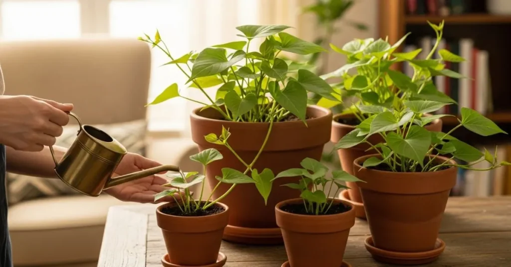 Gardener feeding indoor sweet potato plants with organic fertilizer and pruning vines for healthy, bushy growth.