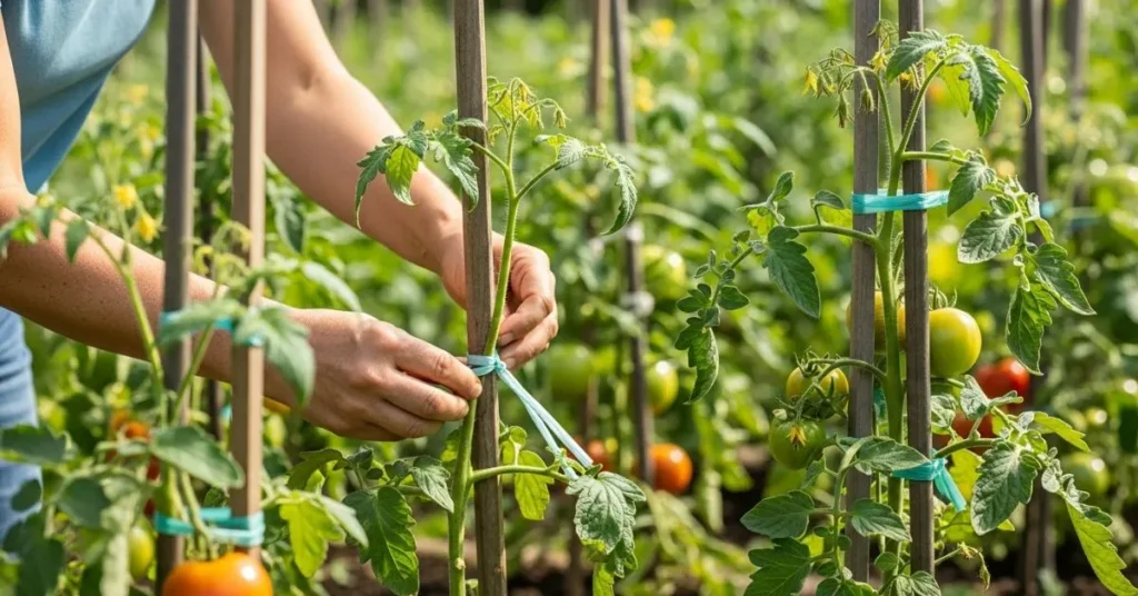 Gardener training tomato plants by tying stems, pruning suckers, and removing lower leaves for healthy growth.