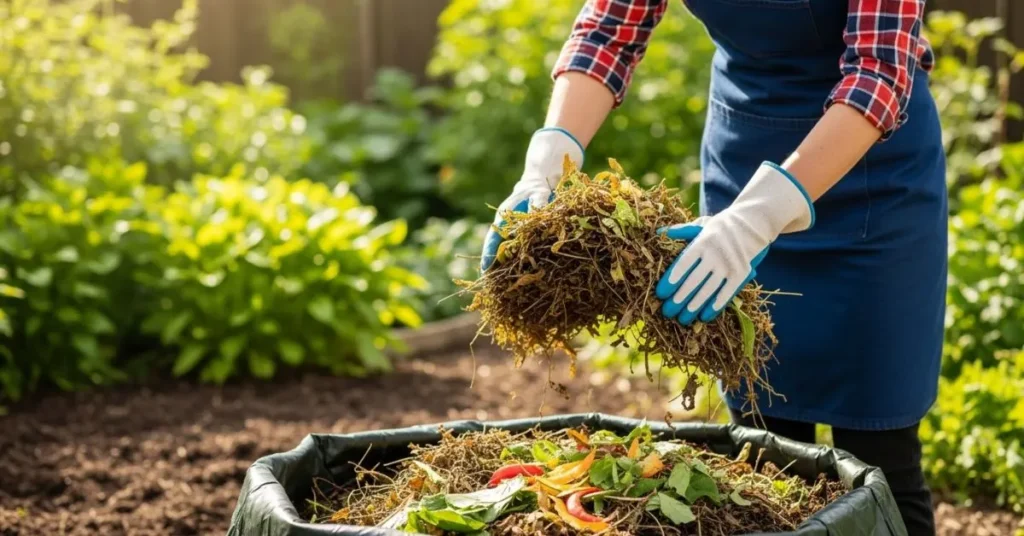 Home composting process, gardener adding dry leaves and kitchen waste to a compost bin for organic gardening.
