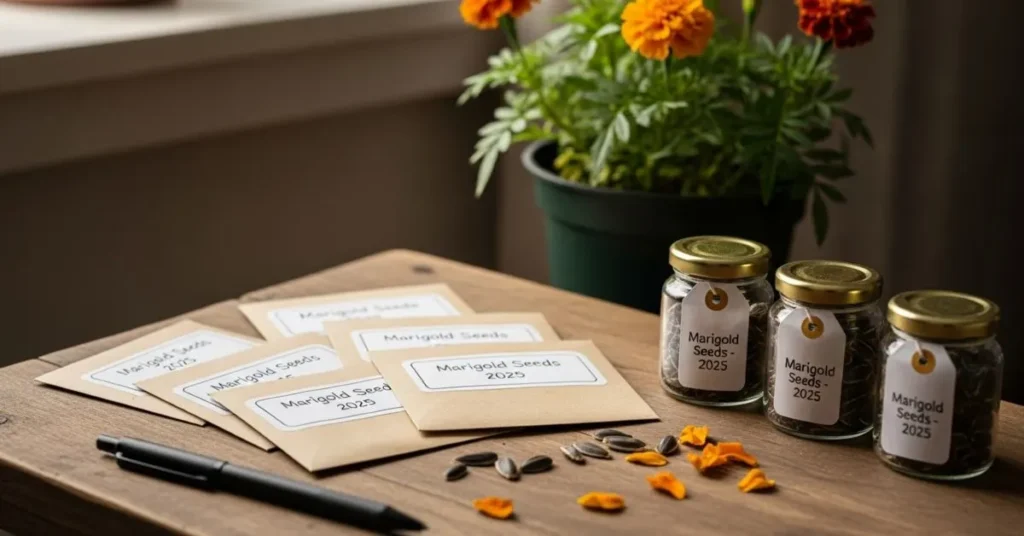 Labeled envelopes and jars storing dried marigold seeds for next year’s garden, showing how to store marigold seeds properly to maintain freshness and viability.