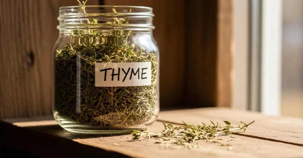 Dried thyme stored in airtight glass jar for long-term use.