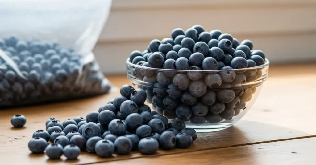 Fresh and frozen blueberries stored for long-term use at home.