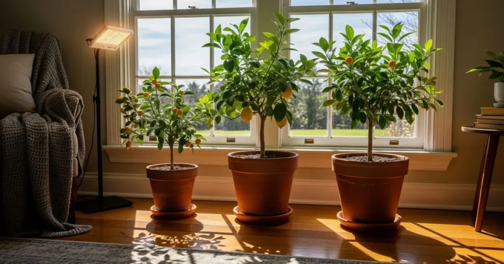Potted citrus trees near a sunny window with grow light for ideal sunlight and temperature.