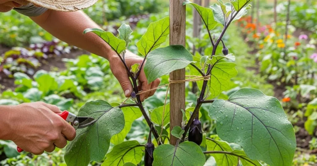 Gardener staking and pruning eggplant plant to support growth and improve fruit yield.