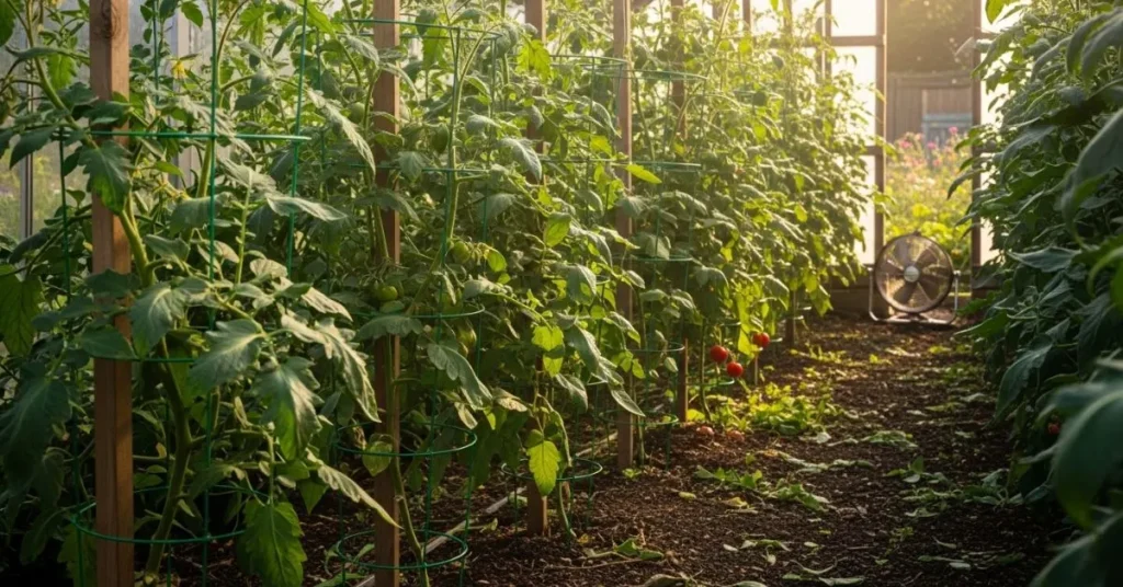 Sunlight and good airflow around trained tomato plants supported by stakes for healthy growth and disease prevention.