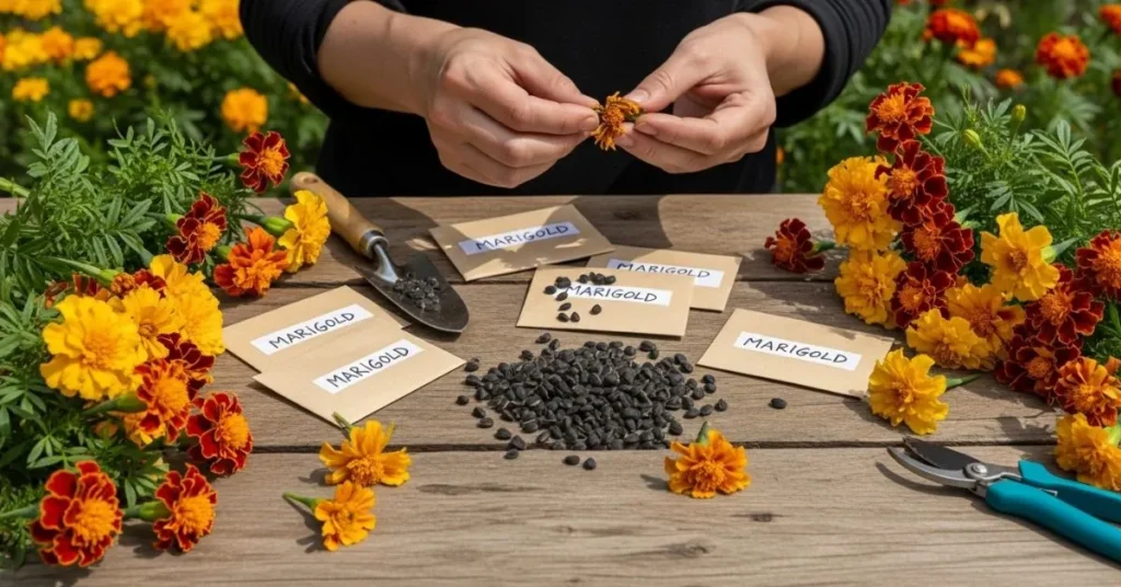 Gardener saving marigold seeds from dried flowers with envelopes and tools on a wooden table in bright sunlight.