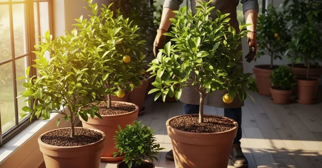 Gardener moving and rotating healthy potted citrus trees indoors for year-round growth.