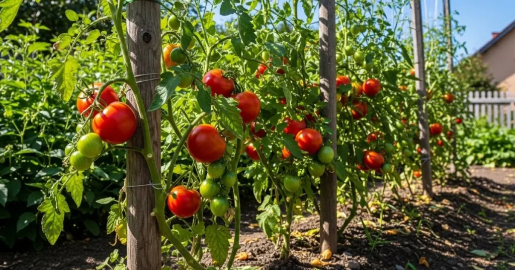 Ripe red and green tomatoes growing on supported plants in a sunny home garden.