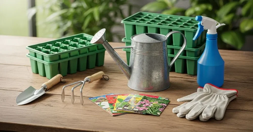 Essential gardening tools and accessories like trowel, gloves, and seed trays neatly arranged for home seed gardening.