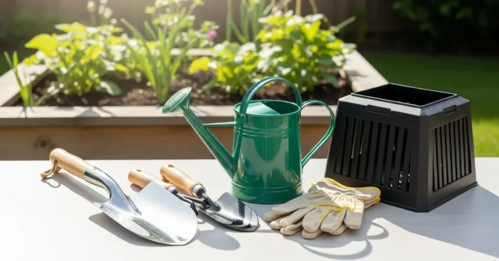 Essential gardening tools and DIY compost bin with raised garden bed in a sunny backyard.