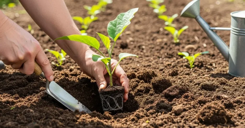 Gardener transplanting young eggplant seedlings into a sunny garden bed with compost and watering can nearby.