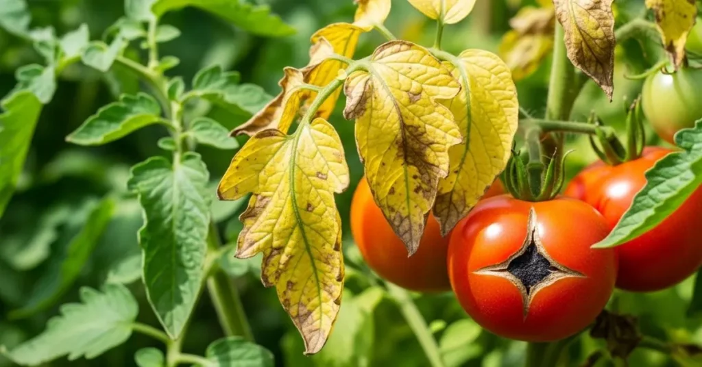Tomato plant problems showing yellow leaves, cracked fruits, and blossom end rot caused by watering or nutrient issues.