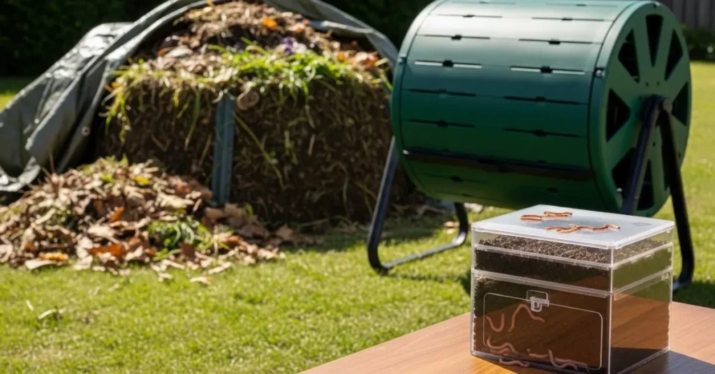 Different home composting methods including pile, bin, and vermicomposting setup.