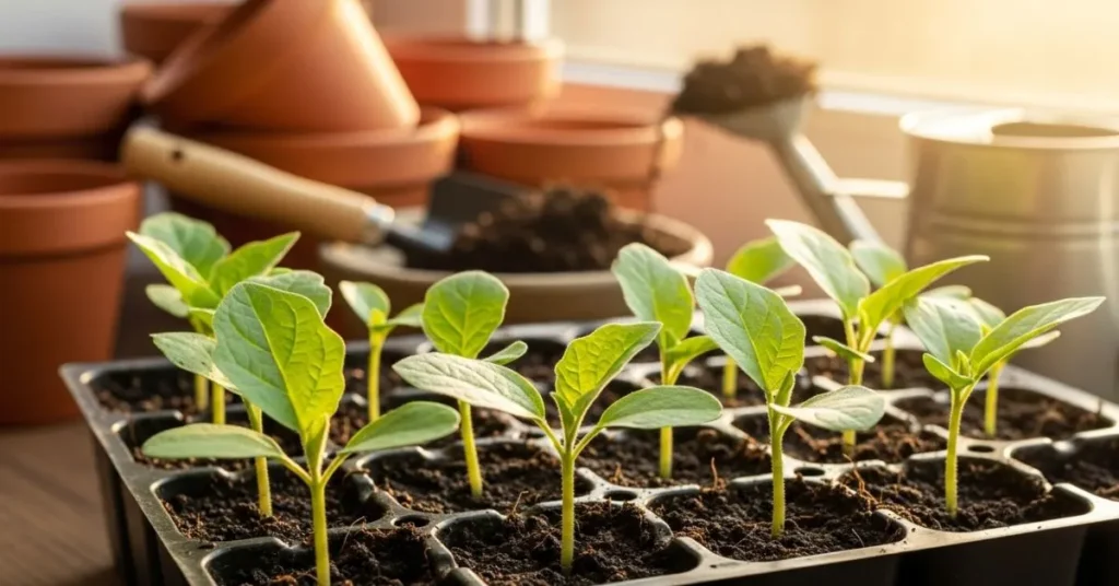 Eggplant seedlings growing indoors in seed trays near sunlight before being transplanted outdoors.