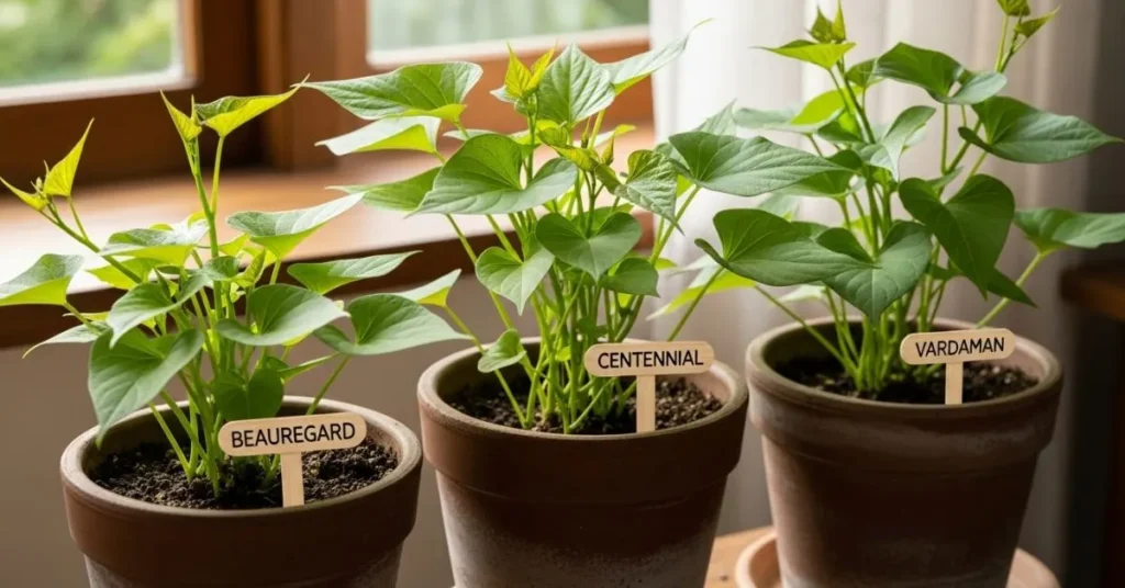 Indoor sweet potato plants with green vines and leaves, showing different varieties like Beauregard, Centennial, and Vardaman for indoor growing.