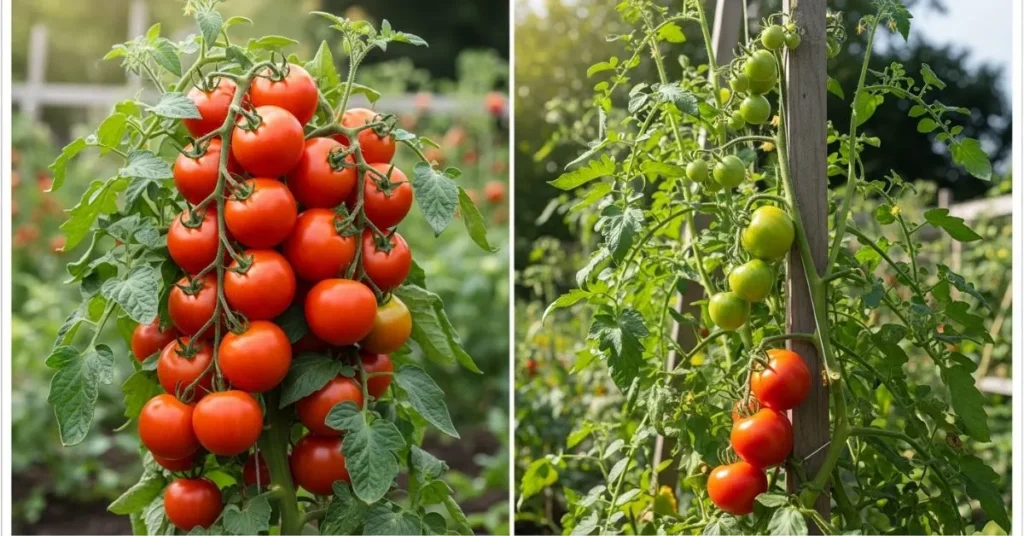 Comparison of determinate bush tomatoes and indeterminate vining tomatoes growing in a garden.